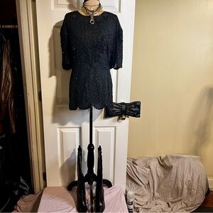 Vintage Papell Boutique Beaded Silk Floral Embroidered Oversized S/S Glam Top 1X